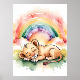 Sleeping Baby Lion Under a Rainbow - Watercolor Poster