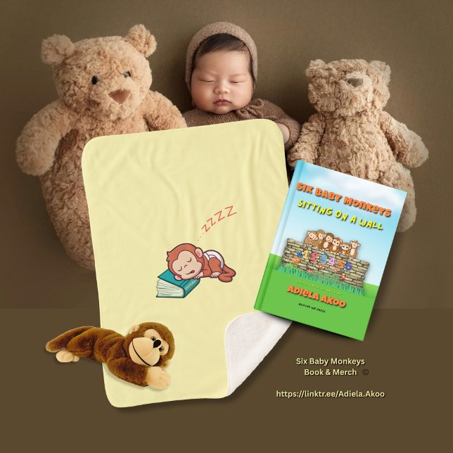 Sleeping Baby Monkey Blanket by Adiela Akoo  (Six Baby Monkeys book & sleeping monkey sherpa blanket by Adiela Akoo - a great gift combo. BUY NOW!)