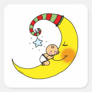 Sleeping baby on the moon baby shower square sticker