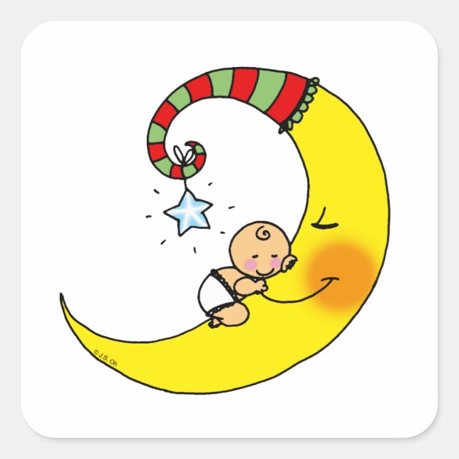 Sleeping baby on the moon baby shower square sticker (Front)
