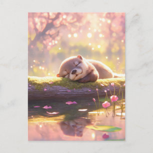 Sleeping Baby Otter on Mossy River Log Postcard