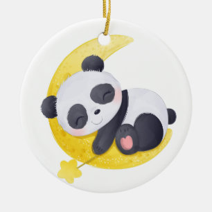 Sleeping Baby Panda on Moon Watercolor Ceramic Tree Decoration
