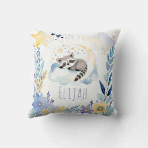 Sleeping Baby Racoon Boho Name Nursery Pillow