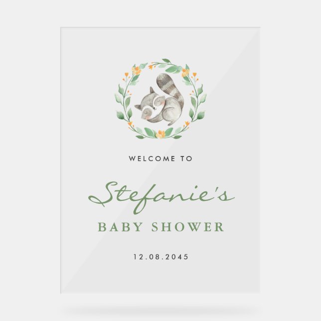 Sleeping Baby Racoon Wreath Baby Shower Welcome Acrylic Sign (Front)
