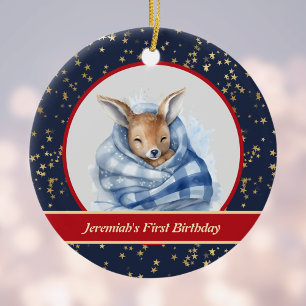 Sleeping Baby Reindeer in Blanket 1st Christmas Ceramic Tree Decoration