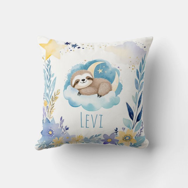 Sleeping Baby Sloth Boho Name Nursery Pillow (Back)