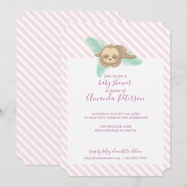 Sleeping Baby Sloth Pink Stripes Baby Shower Invitation (Front/Back)