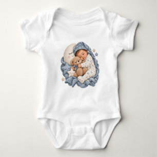 Sleeping Baby Teddy Bear & Crescent Moon Blue  Bodysuit