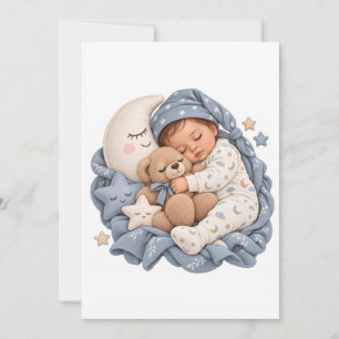 Sleeping Baby Teddy Bear & Crescent Moon Blue Invitation