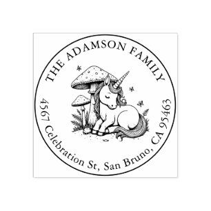 Sleeping Baby Unicorn Under Toadstool Name Address Rubber Stamp