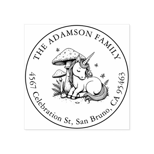 Sleeping Baby Unicorn Under Toadstool Name Address Rubber Stamp (Imprint)