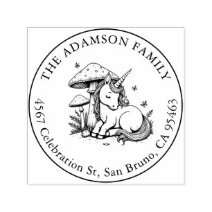 Sleeping Baby Unicorn Under Toadstool Name Address Self-inking Stamp