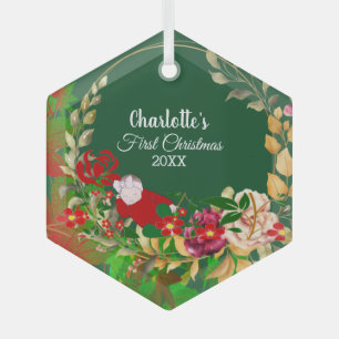 Sleeping Baby's 1st Christmas Green Floral Wreath  Glass Tree Decoration