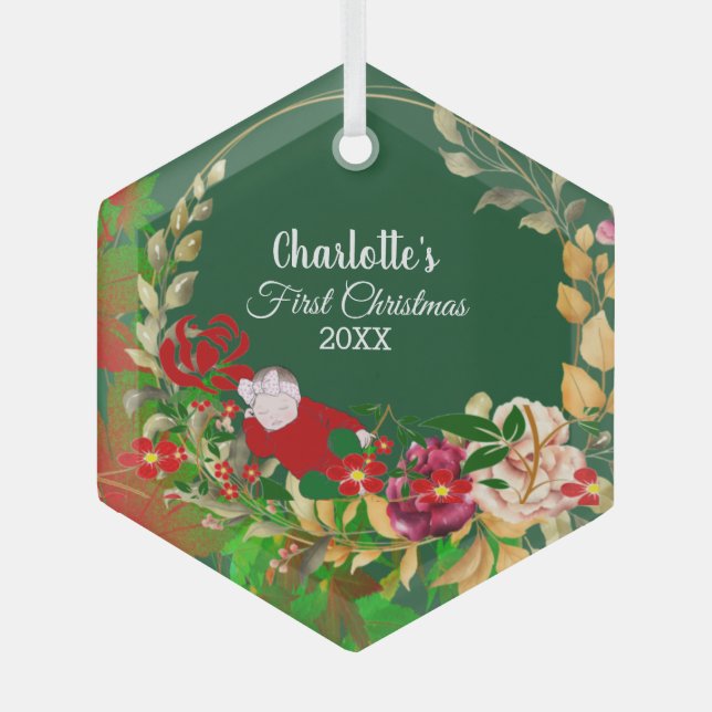 Sleeping Baby's 1st Christmas Green Floral Wreath  Glass Tree Decoration (Front)