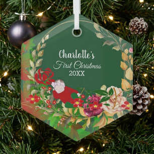 Sleeping Baby's 1st Christmas Green Floral Wreath Glass Tree Decoration