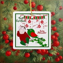 Sleeping Babys First Christmas Art Chirping Birdie Ceramic Ornament