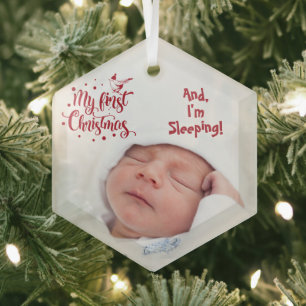 Sleeping Baby's Photo My First Christmas Red Quote Glass Tree Decoration