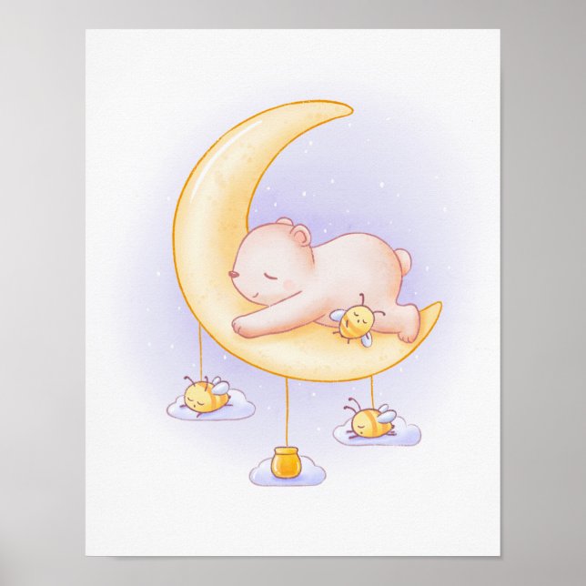 Sleeping Bear and Bees Cute Cartoon Art Poster (Front)