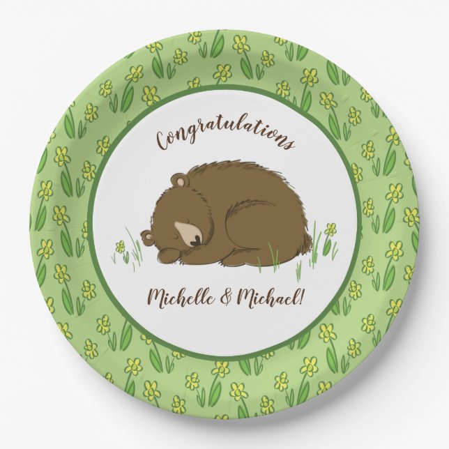 Sleeping Bear Baby Shower Woodland Paper Plate (Front)
