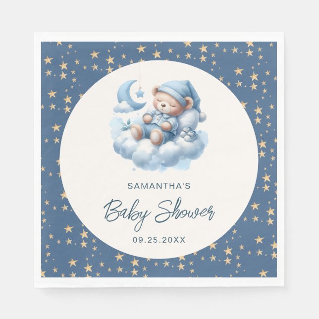 Sleeping bear cloud & stars blue boy baby shower napkin (Front)