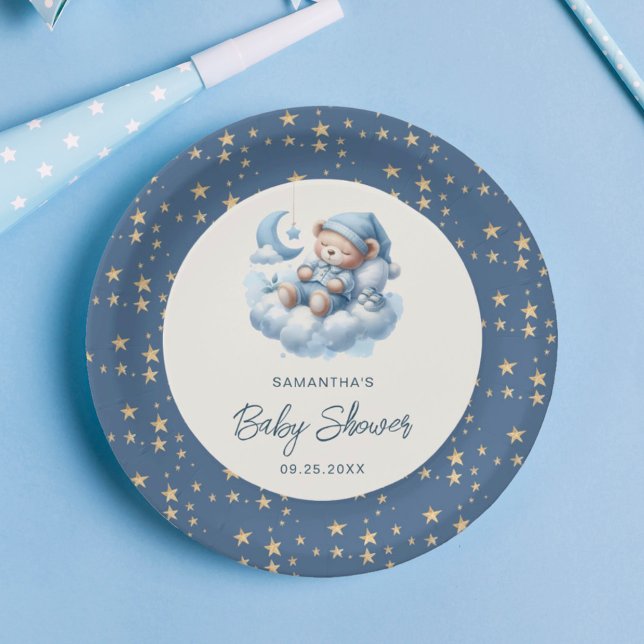 Sleeping bear cloud & stars blue boy baby shower paper plate (Creator Uploaded)
