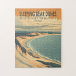 Sleeping Bear Dunes National Lakeshore Travel Art Jigsaw Puzzle<br><div class="desc">Sleeping Bear Dunes vector artwork design. The park is known for the huge scaleable dunes of the Dune Climb. Beaches include Platte River Point,  where the river flows into the lake.</div>