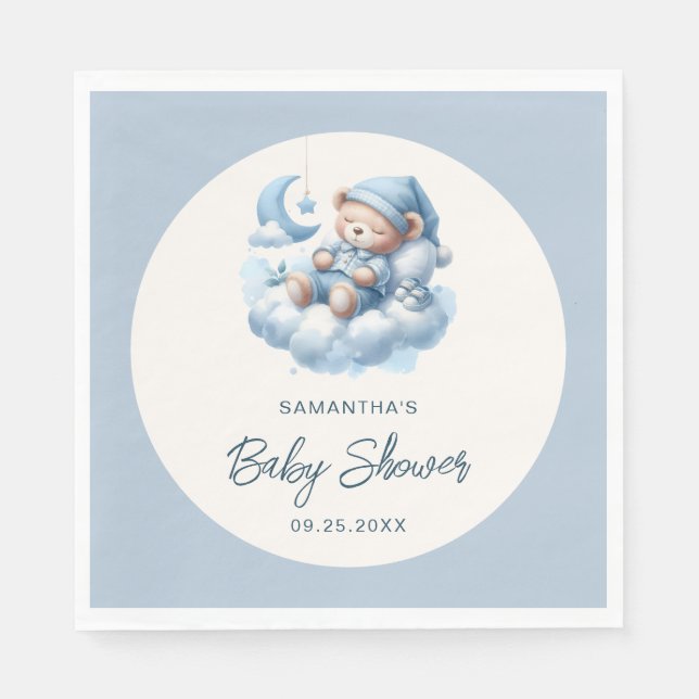 Sleeping bear on cloud dusty blue boy baby shower napkin (Front)