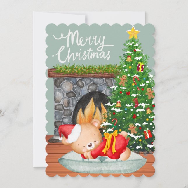 Sleeping Bear Santa Suit Christmas Tree Fireplace  Holiday Card (Front)