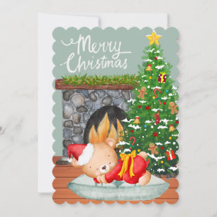 Sleeping Bear Santa Suit Christmas Tree Fireplace  Holiday Card