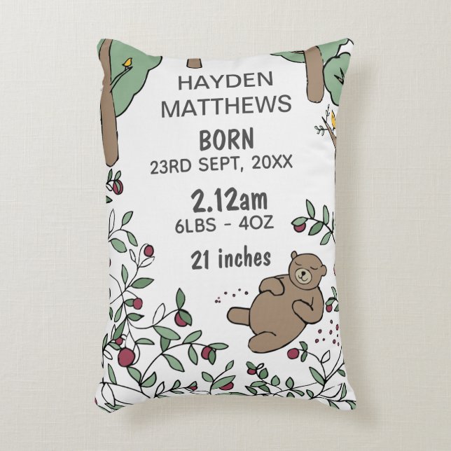 Sleeping Bear Woodland Birth Stats Personalised Decorative Cushion (Front(Vertical))