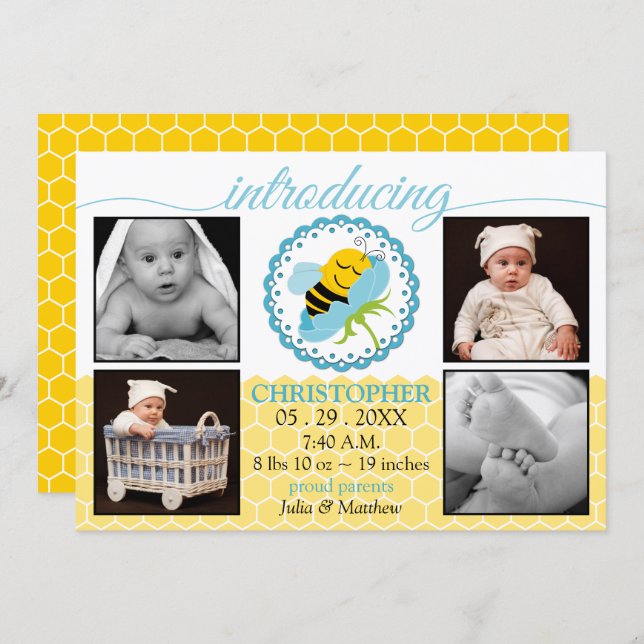 Sleeping Bee Baby Boy Photo Birth Announcement (Front/Back)