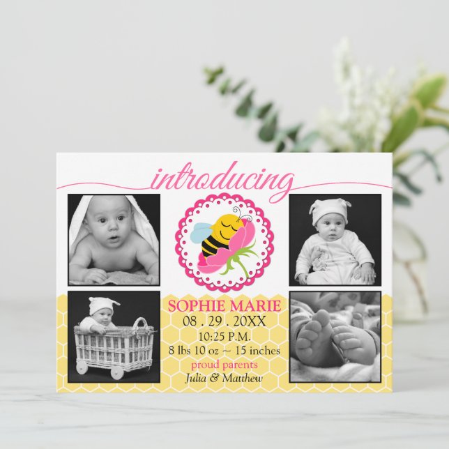 Sleeping Bee Baby Girl Photo Birth Announcement (Standing Front)