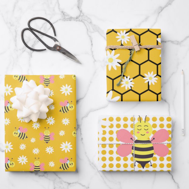 Sleeping Bee Cartoon Pattern Wrapping Paper Sheet (Front)
