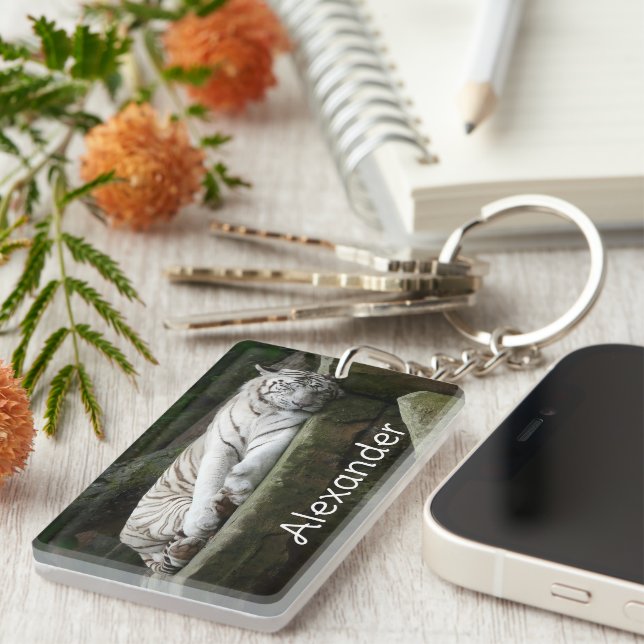 Sleeping Bengal White Tiger Photography Name Key Ring (Front Right)