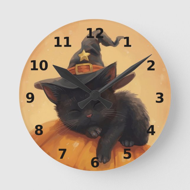 Sleeping Black Cat Halloween Wall Clock (Front)