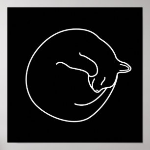 Sleeping Black Cat White on Black Print