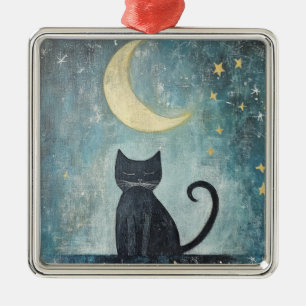 Sleeping Black Cat with Crescent Moon and Stars Metal Tree Decoration
