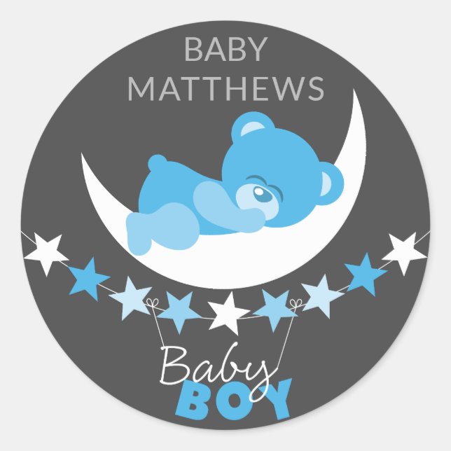 Sleeping Blue Boy Teddy Bear On Moon Baby Shower Classic Round Sticker (Front)
