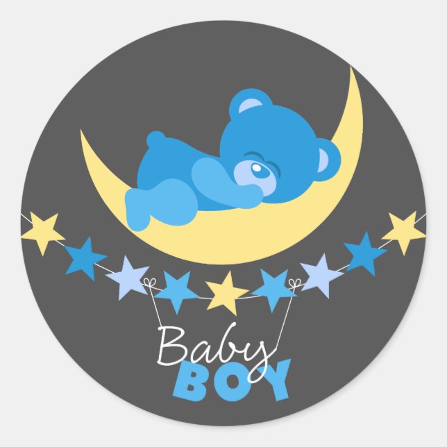 Sleeping Blue Boy Teddy Bear On Moon Baby Shower Classic Round Sticker (Front)