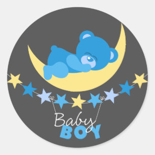 Sleeping Blue Boy Teddy Bear On Moon Baby Shower Classic Round Sticker