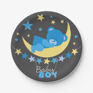 Sleeping Blue Boy Teddy Bear On Moon Baby Shower Paper Plate