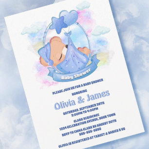 Sleeping Blue Teddy Bear Baby Shower Invitation