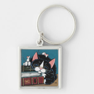 Sleeping Bookworm Tuxedo Cat and Mice Painting Key Ring