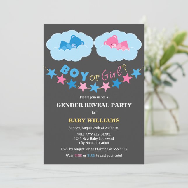 Sleeping Boy Girl Teddy Bears Gender Reveal Party Invitation (Standing Front)