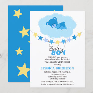 Sleeping Boy Teddy Bear in Cloud Baby Shower Invitation