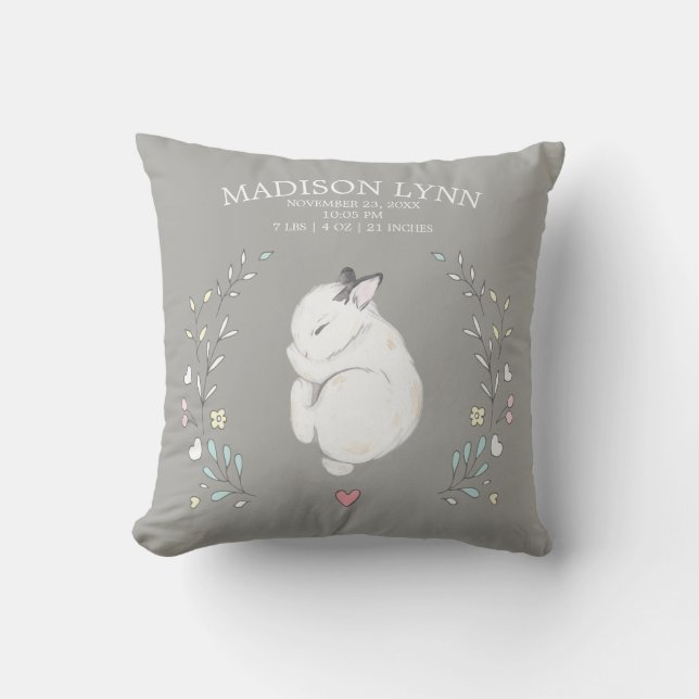 Sleeping Bunny Girls Birth Stats Pillow (Front)