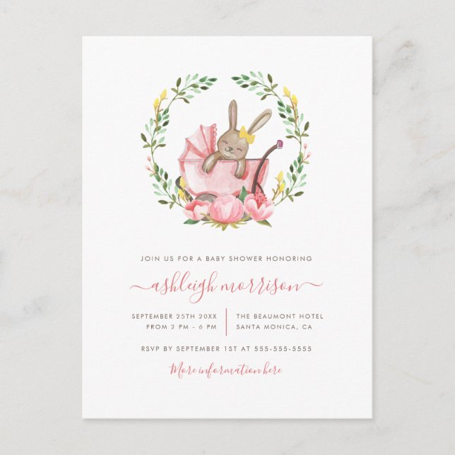 Sleeping Bunny In Buggy | Girl Baby Shower Invitation Postcard (Front)
