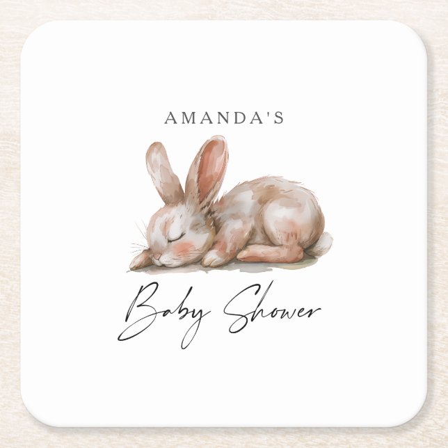 Sleeping Bunny Neutral Colours Thank You Square Paper Coaster (Front)