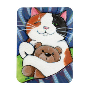 Sleeping Calico Cat and Teddy Bear Magnet