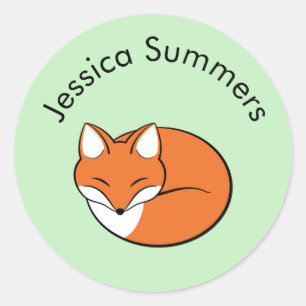 Sleeping Cartoon Fox Custom Message on Green Classic Round Sticker